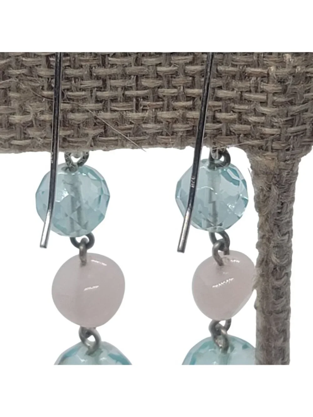 Beaded Dangle Earrings Blue Glass Beads Pink Rose Quartz On .925 Silver Hooks